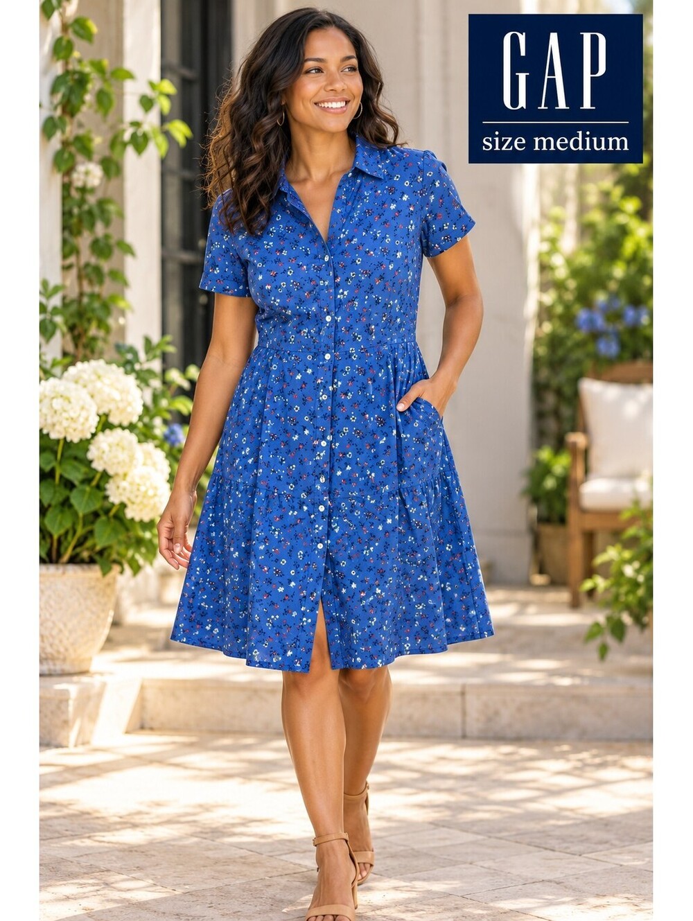 Gap | M | Blue Ditsy Floral Short Sleeve Button Front Shirt Dress